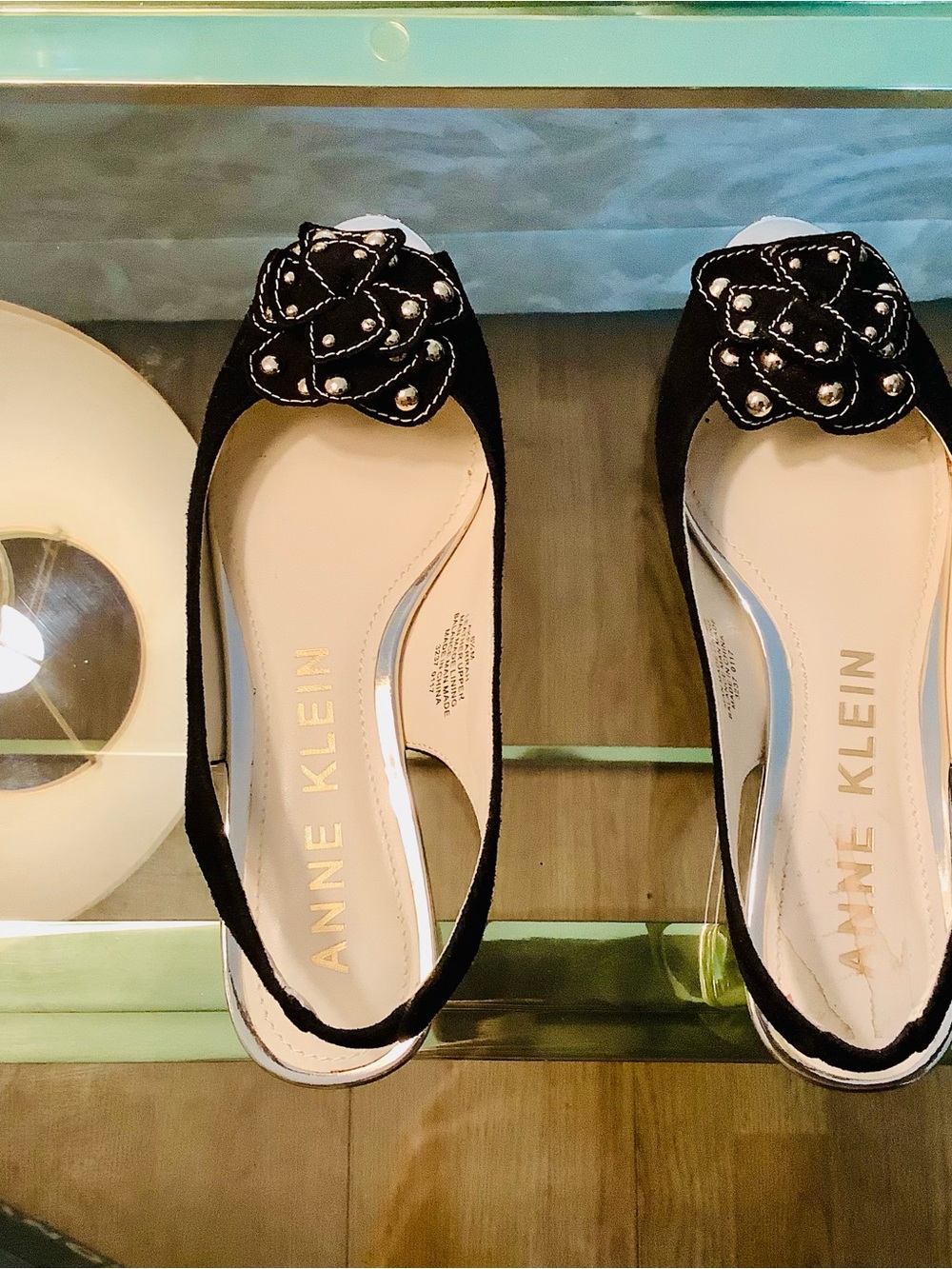 Anne Klein Black Slingback Flats with Floral Stud Accent